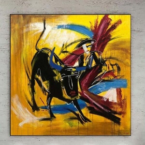 Abstraktes Stier und Matador-Gemälde auf Leinwand, gelbe Kunst, Stierkampf-Gemälde, einzigartige Wandkunst, Corrida-Wandkunst SPANISCHE MOTIVE 72x72 Bild 1