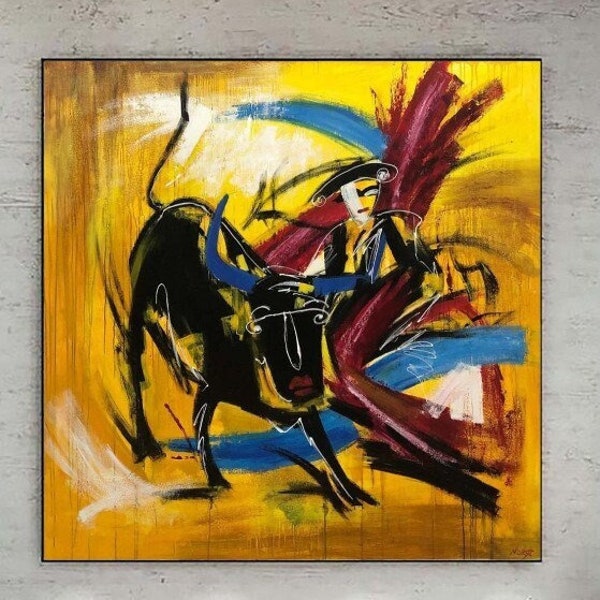 Abstraktes Stier- und Matador-Gemälde auf Leinwand, gelbe Kunst, Stierkampf-Gemälde, einzigartige Wandkunst, Corrida-Wandkunst | SPANISCHE MOTIVE 72"x72"