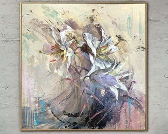 Flowers Bouquet Painting Nature Wall Art Framed White Lilies Paintings On Canvas Contemporary Art Modern Art | BOUQUET OF LILIES 27.5"x27.5"