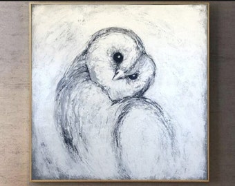 Original Owl Oil Painting On Canvas Animal Abstract Art Creative Black And White Bird Painting Modern Painting Acrylic BARN OWL 39.3"x39.3"