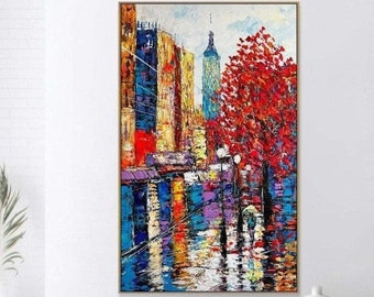 Abstract City Painting Colorful Acrylic Canvas Art Bright And Rainy Fall Art Unique Wall Art Modern Painting | METROPOLITAN MOSAIC 48"x30"