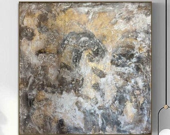 Abstract Dynamic Texture Grey And Gold Painting On Canvas Hand Painted Artwork Earth Tones Neutral Palette Home Decor LIQUID MARBLE 48"x48"