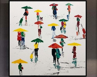 Personnes abstraites avec des parapluies Toile acrylique colorée, art mural unique, peinture créative, peinture sur cadre, oeuvre d'art | PARAPLUIES 40 x 40 po