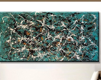 Abstract Original Canvas Colorful Wall Art Frame Texture Creative Painting Pollock Style Hand Painted Artwork TURQUOISE FRENZY 20.5"x40"