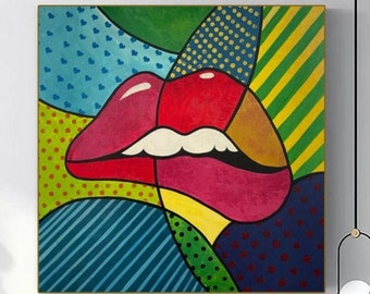 Lèvres abstraites, peinture sur toile Lèvres féminines colorées, art mural, peinture d'art, peinture créative, art abstrait à l'huile | LÈVRES SÉDUISANTES 26"x26"