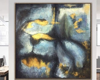 Abstraktes Gemälde mit blauen und gelben Steinen, Kunstgemälde, Rahmengemälde, moderne Kunst, Leinwand, kreative Malerei, ROLLING STONES, 121,9 x 121,9 cm