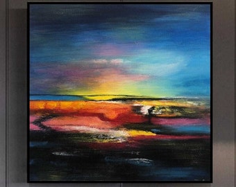 Pintura al atardecer Acrílico Colorido Arte de la pared Pintura abstracta sobre lienzo Acrílico Pintura única Arte moderno Lienzo / PUESTA DE SOL COLORIDA 60 "x60"