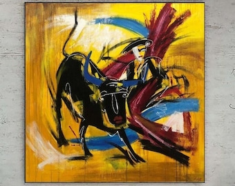 Peinture abstraite de taureau et de matador sur la toile jaune, peinture de corrida, art mural unique, art mural de corrida | MOTIFS ESPAGNOLS 72"x72"