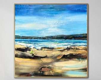 Original Ocean Decor Blau Beige Moderne Gemälde Abstraktes Ölgemälde Handgemaltes Kunstwerk Für Zuhause LAST OASIS 31,5 "x 31,5"