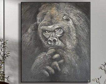Große Gorilla-Öl-Pauntings, graue und schwarze Tier-Wandkunst, Wildleben-Kunst, Texturmalerei, handgemaltes Kunstwerk, PIERCING GAZE, 63"x55"