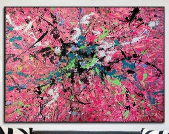 Rosa Gemälde mit bunten Spritzern, moderne abstrakte Malerei, kreative Malerei, einzigartige Wandkunst, handgemaltes Kunstwerk, PINK SPLASH, 99,4 x 137,2 cm