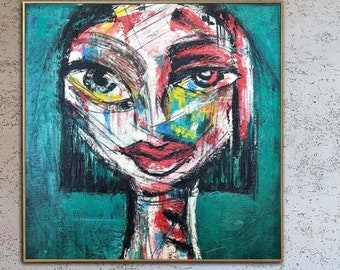Textured Abstract Portrait Stylized Facial Features Art Figurative Art Asymmetrical Design Colorful Paintings LADY BIRD 15.7"x15.7"