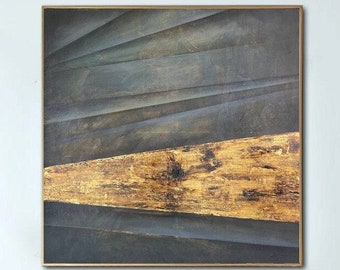 Large Gray And Gold Abstract Minimalist Art On Canvas Textured Hand Painted Oil Painting Living Room Wall Art Framed NEW REFUGE 46"x46"