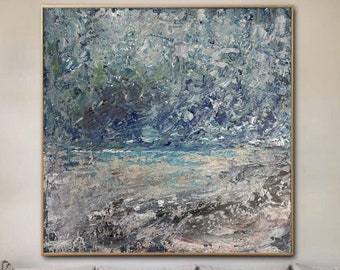 Abstract Blue and Grey Wall Painting Canvas Oil Hand Painted Artwork Modern Original Texture Wall Art Living Room Art RAINY BEACH 30"x30"
