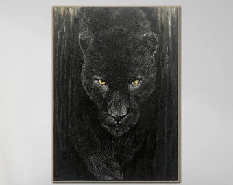 Black Panther Wildlife Art Black And Shades Of Grey Painting On Canvas Dark Theme Nature Inspired Art Majestic Animal WILD PREDATOR 28"x20"