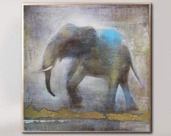 Elephant Painting with Gold Leaf Accents Nature-Inspired Art In Earthy Tones Ethereal Aesthetic Animal Artwork ELEPHANT in THE FOG 32"x32"