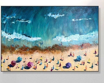 Seaside Paintings Blaue und beige Strandgemälde auf Leinwand, Wellen sehen, einzigartige Kunst, moderne Wandkunst, gerahmtes Rahmengemälde, Strandsaison, 76,2 x 116,8 cm