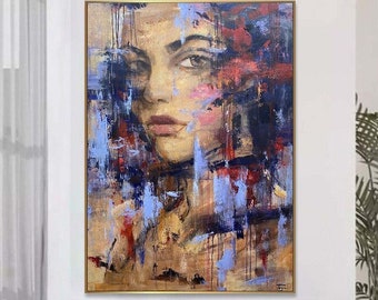 Abstract Women Painting Beige And Blue Face Art Modern Painting On Canvas Figurative Unique Wall Art Contemporary Art ELEGANT MUSE 63"x47"