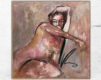 Figura desnuda contemplativa en cálidos tonos terrosos Forma sensual Expresionismo figurativo Intimidad emocional Líneas corporales POSE 46"x46"