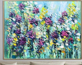 Flowers Paintings On Canvas Green Purple And Yellow Colors Textured Oil Art Modern Hand Painted Artwork Wall Decor SPRING FIELD 23.6"x31.5"