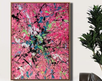 Abstract Hand Painted Artwork Colorful Fine Art Painting Acrylic Painting Original Contemporary Art Modern Art Canvas PINK SPLASH 54"x39.4"