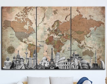 Patton Wall Decor 5 Panel Large Vintage World Map Canvas Set Wall Art World Map Canvas | Etsy