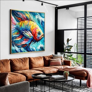 Abstract Fish Oil Painting Impasto Style Colorful Acrylic Art Modern Art Canvas Creative Painting Frame Painting MARINE MELODY 48x48 image 6