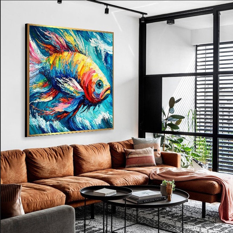 Abstraktes Fisch-Ölgemälde, pastoser Stil, bunte Acrylkunst, moderne Kunst, Leinwand, kreatives Gemälde, Rahmengemälde, Meeresmelodie, 121,9 x 121,9 cm Bild 6