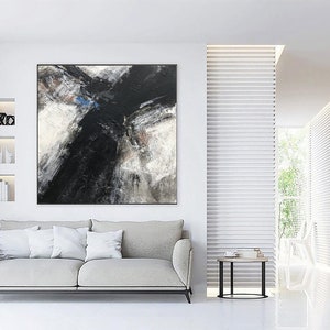 Abstracte zwart-witte schilderijen op canvas moderne minimalistische kunst originele getextureerde schilderij handgemaakte muurkunst voor indie kamer wanddecoratie afbeelding 2