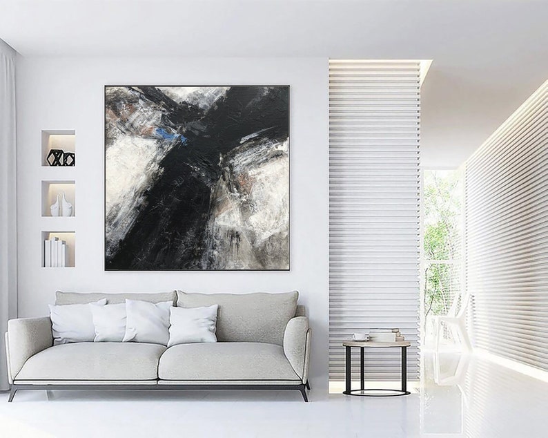 Abstracte zwart-witte schilderijen op canvas moderne minimalistische kunst originele getextureerde schilderij handgemaakte muurkunst voor indie kamer wanddecoratie afbeelding 2