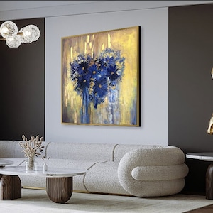Flowers In The Shape Of Heart Blue And Gold Acrylic Painting On Canvas Creative Painting Home Decor Minimalist Art 46x46 image 7