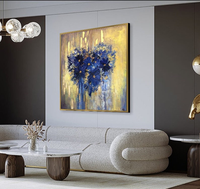 Flowers In The Shape Of Heart Blue And Gold Acrylic Painting On Canvas Creative Painting Home Decor Minimalist Art 46x46 image 7