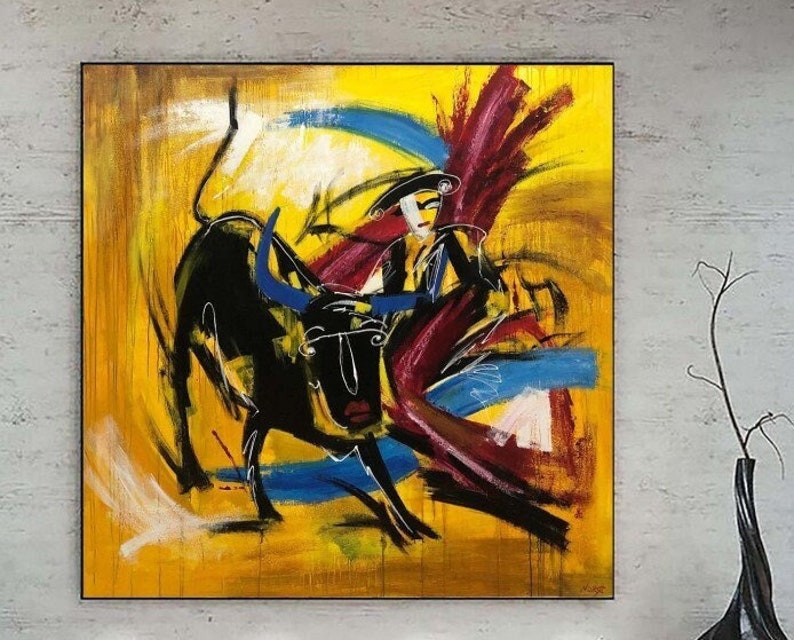Peinture abstraite de taureau et de matador sur la toile jaune, peinture de corrida, art mural unique, art mural de corrida MOTIFS ESPAGNOLS 72x72 image 1