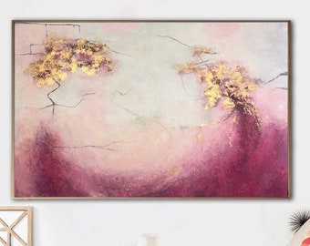 Pastel Abstract Painting with Golden Flourishes Elegant Impressionistic Modern Painting Dusty Pink Wall Art SOMEWHERE IN the HEAVEN 48"x75"