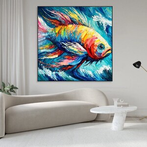 Abstraktes Fisch-Ölgemälde, pastoser Stil, bunte Acrylkunst, moderne Kunst, Leinwand, kreatives Gemälde, Rahmengemälde, Meeresmelodie, 121,9 x 121,9 cm Bild 3