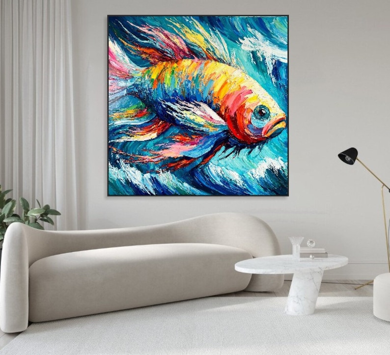 Abstraktes Fisch-Ölgemälde, pastoser Stil, bunte Acrylkunst, moderne Kunst, Leinwand, kreatives Gemälde, Rahmengemälde, Meeresmelodie, 121,9 x 121,9 cm Bild 3