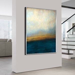 Abstrakte blaue und graue Meereslandschaft, Ölkunst auf Leinwand, Sonnenuntergangskunst, handgemachte Malerei, Heimdekoration, zeitgenössische Kunst WASSERLANDSCHAFT 40x30 Bild 7