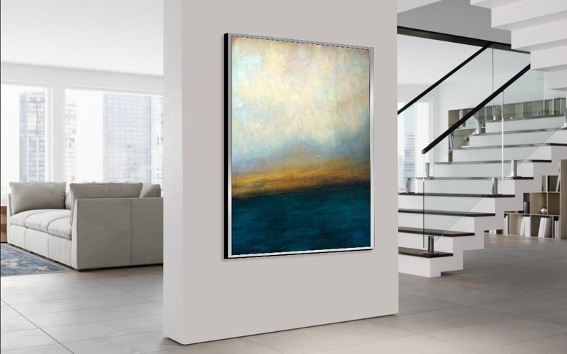 Abstrakte blaue und graue Meereslandschaft, Ölkunst auf Leinwand, Sonnenuntergangskunst, handgemachte Malerei, Heimdekoration, zeitgenössische Kunst WASSERLANDSCHAFT 40x30 Bild 7