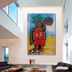 Joueur de basket-ball avec ballon Peintures acryliques colorées abstraites sur toile Art mural moderne encadré, peinture d'art BASKETEER 60 x 40 po image 3