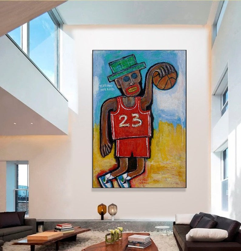 Joueur de basket-ball avec ballon Peintures acryliques colorées abstraites sur toile Art mural moderne encadré, peinture d'art BASKETEER 60 x 40 po image 3