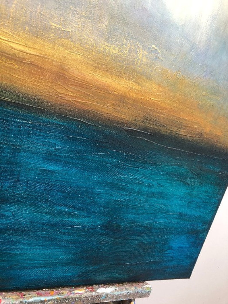 Abstrakte blaue und graue Meereslandschaft, Ölkunst auf Leinwand, Sonnenuntergangskunst, handgemachte Malerei, Heimdekoration, zeitgenössische Kunst WASSERLANDSCHAFT 40x30 Bild 2