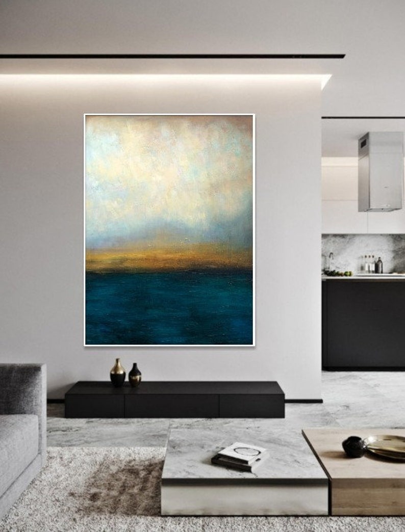 Abstrakte blaue und graue Meereslandschaft, Ölkunst auf Leinwand, Sonnenuntergangskunst, handgemachte Malerei, Heimdekoration, zeitgenössische Kunst WASSERLANDSCHAFT 40x30 Bild 3