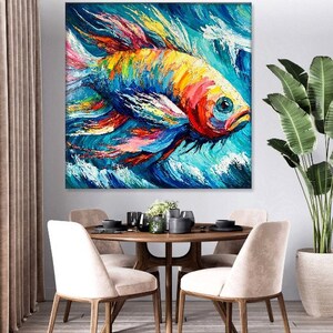 Abstraktes Fisch-Ölgemälde, pastoser Stil, bunte Acrylkunst, moderne Kunst, Leinwand, kreatives Gemälde, Rahmengemälde, Meeresmelodie, 121,9 x 121,9 cm Bild 4