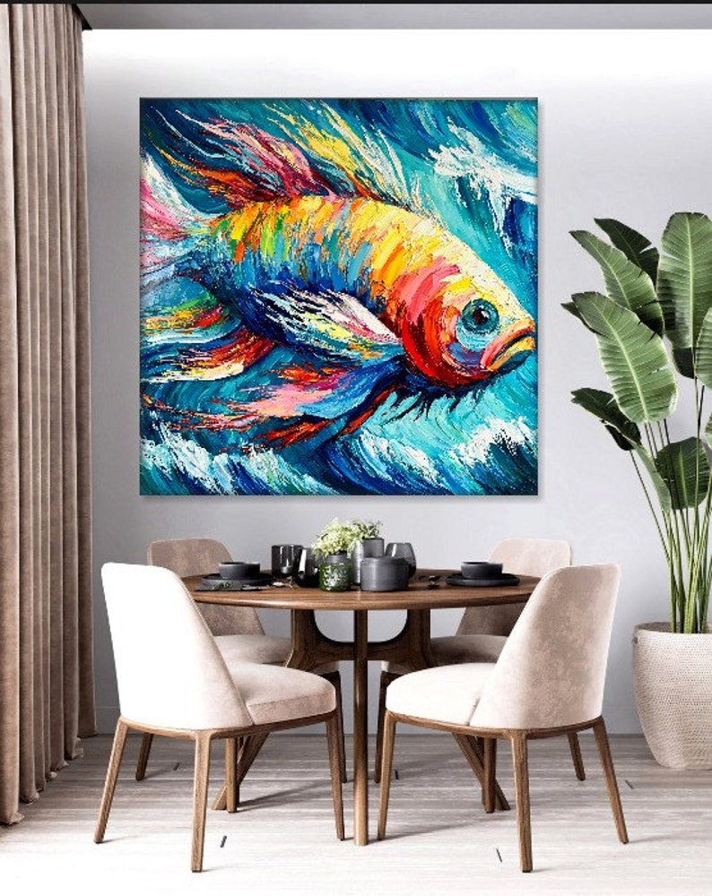 Abstraktes Fisch-Ölgemälde, pastoser Stil, bunte Acrylkunst, moderne Kunst, Leinwand, kreatives Gemälde, Rahmengemälde, Meeresmelodie, 121,9 x 121,9 cm Bild 4