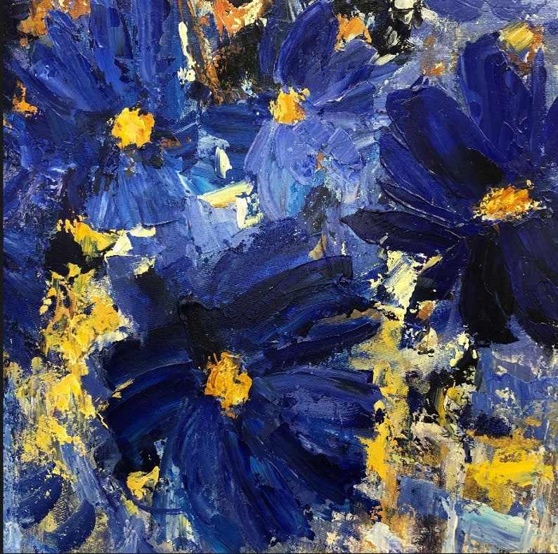 Flowers In The Shape Of Heart Blue And Gold Acrylic Painting On Canvas Creative Painting Home Decor Minimalist Art 46x46 image 8