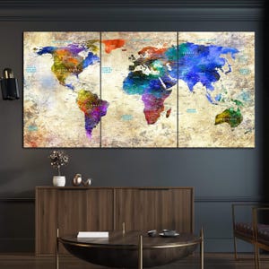 カラフルな水彩画の世界地図 ヴィンテージ旅行アート マルチカラー抽象キャンバス地理マルチパネルプリント モダンな家庭やオフィスの壁装飾