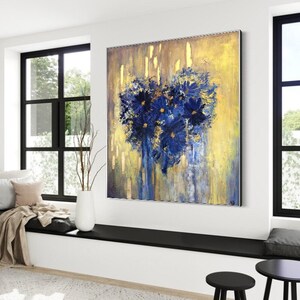 Flowers In The Shape Of Heart Blue And Gold Acrylic Painting On Canvas Creative Painting Home Decor Minimalist Art 46x46 image 6