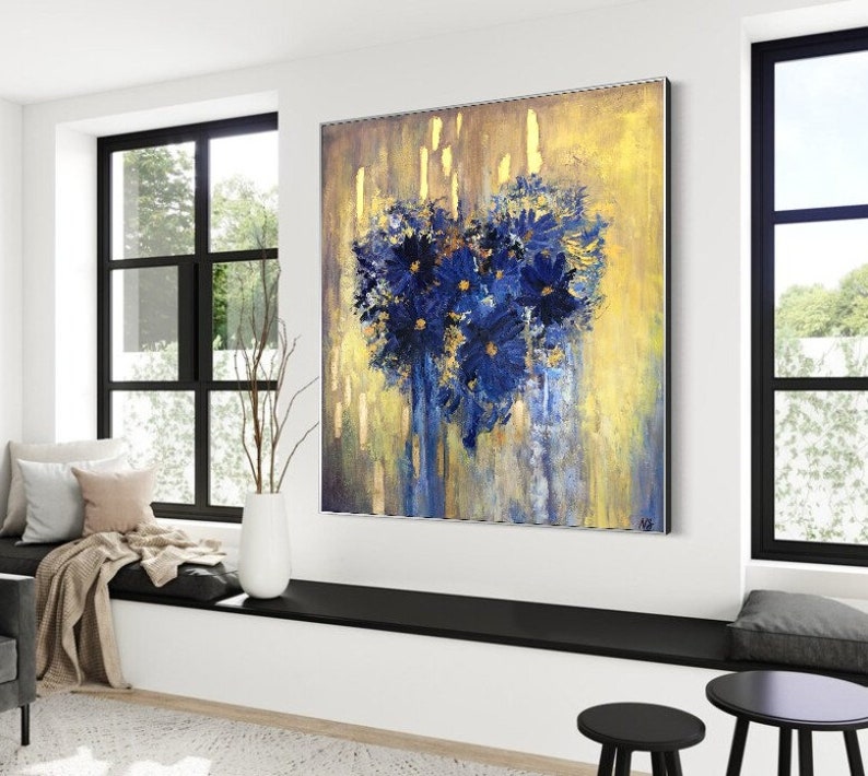 Flowers In The Shape Of Heart Blue And Gold Acrylic Painting On Canvas Creative Painting Home Decor Minimalist Art 46x46 image 6