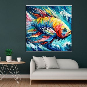 Abstract Fish Oil Painting Impasto Style Colorful Acrylic Art Modern Art Canvas Creative Painting Frame Painting MARINE MELODY 48x48 image 5
