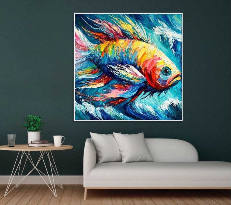 Abstraktes Fisch-Ölgemälde, pastoser Stil, bunte Acrylkunst, moderne Kunst, Leinwand, kreatives Gemälde, Rahmengemälde, Meeresmelodie, 121,9 x 121,9 cm Bild 5